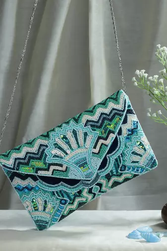 Anekaant tribal blue & multi ethnic motifs embellished canvas sling bag