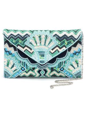 Anekaant tribal blue & multi ethnic motifs embellished canvas sling bag 3