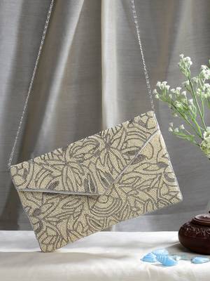 ghoomar beige & off white abstract embellished canvas sling bag 2