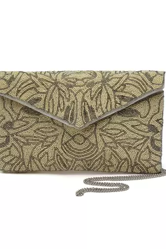ghoomar beige & off white abstract embellished canvas sling bag