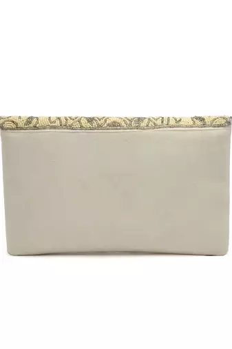 ghoomar beige & off white abstract embellished canvas sling bag