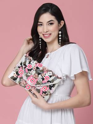 ghoomar white & pink floral embellished canvas sling bag 1