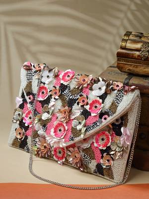 ghoomar white & pink floral embellished canvas sling bag 2