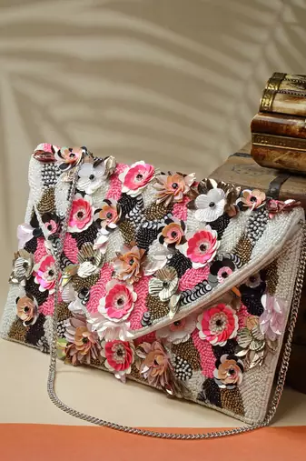 ghoomar white & pink floral embellished canvas sling bag