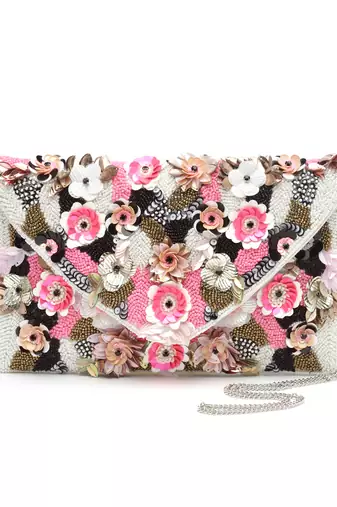 ghoomar white & pink floral embellished canvas sling bag