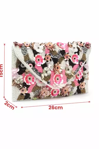 ghoomar white & pink floral embellished canvas sling bag