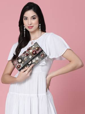 ghoomar black & multi floral embellished canvas sling bag 1