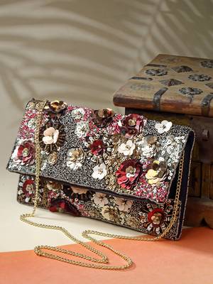 ghoomar black & multi floral embellished canvas sling bag 2