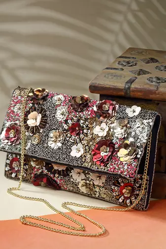 ghoomar black & multi floral embellished canvas sling bag