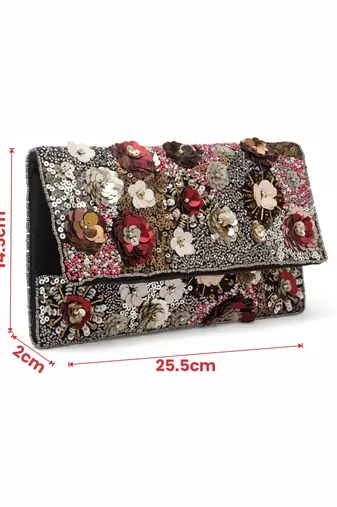 ghoomar black & multi floral embellished canvas sling bag