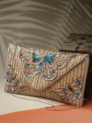 boho beige & multi quirky embellished canvas sling bag 2