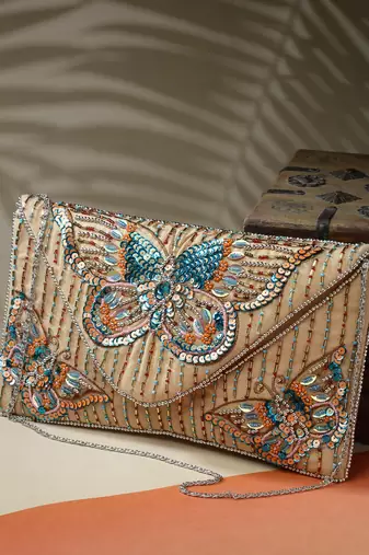 boho beige & multi quirky embellished canvas sling bag