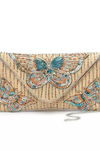 boho beige & multi quirky embellished canvas sling bag