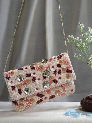 ghoomar pink & multi floral embellished canvas sling bag 2