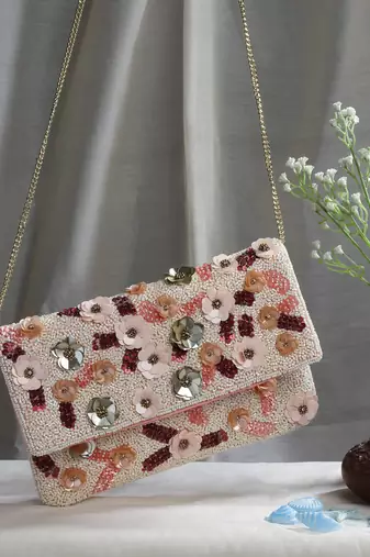 ghoomar pink & multi floral embellished canvas sling bag