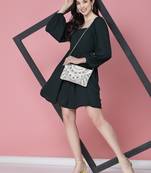 boho white, gold & silver ethnic motifs embellished canvas sling bag