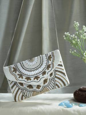 boho white, gold & silver ethnic motifs embellished canvas sling bag 2