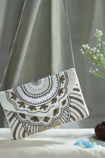 boho white, gold & silver ethnic motifs embellished canvas sling bag