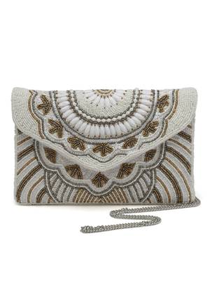 boho white, gold & silver ethnic motifs embellished canvas sling bag 3