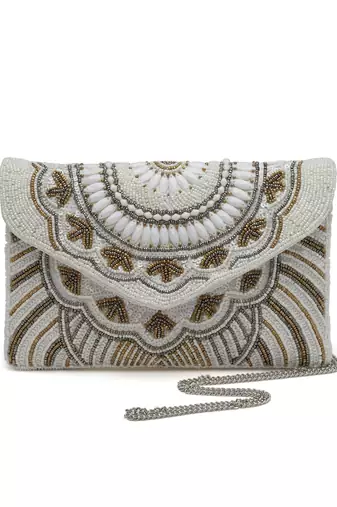 boho white, gold & silver ethnic motifs embellished canvas sling bag
