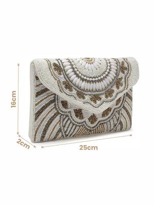 boho white, gold & silver ethnic motifs embellished canvas sling bag 4