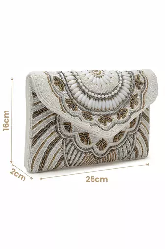 boho white, gold & silver ethnic motifs embellished canvas sling bag