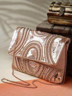 ghoomar pastel pink & rose gold abstract embellished canvas sling bag 2
