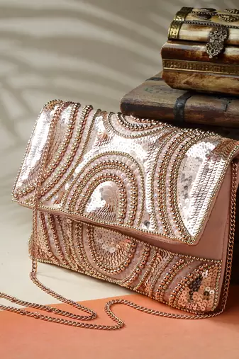 ghoomar pastel pink & rose gold abstract embellished canvas sling bag