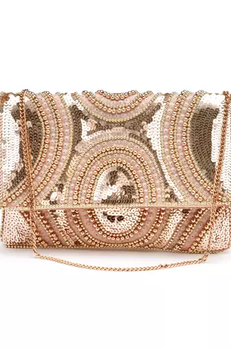 ghoomar pastel pink & rose gold abstract embellished canvas sling bag