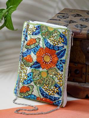 ghoomar white, green & multi floral embellished canvas sling bag 2