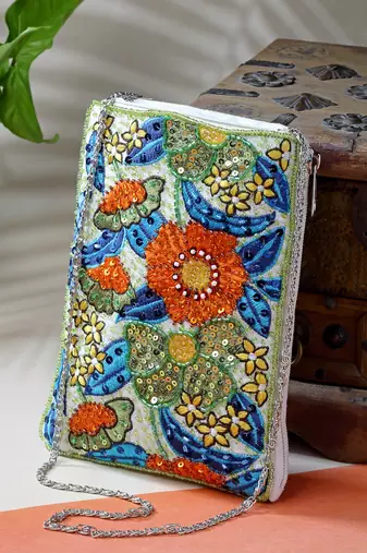 ghoomar white, green & multi floral embellished canvas sling bag