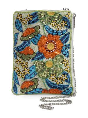 ghoomar white, green & multi floral embellished canvas sling bag 3