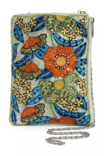 ghoomar white, green & multi floral embellished canvas sling bag