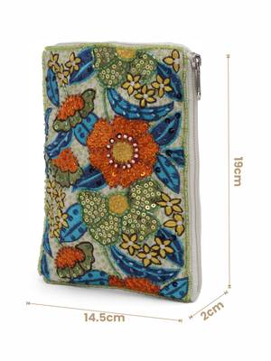 ghoomar white, green & multi floral embellished canvas sling bag 4