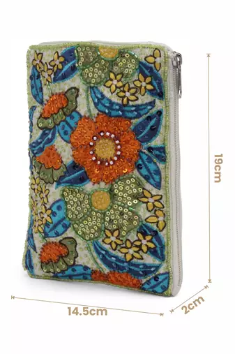 ghoomar white, green & multi floral embellished canvas sling bag