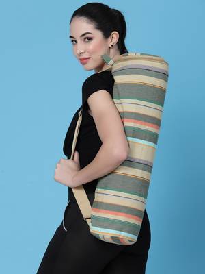 eco - friendly light khaki & multi cotton canvas striped yoga bag 1