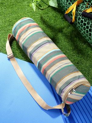 eco - friendly light khaki & multi cotton canvas striped yoga bag 2