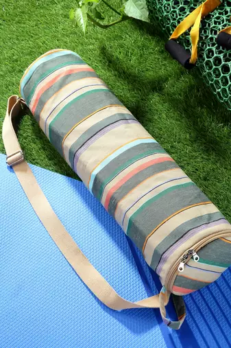 eco - friendly light khaki & multi cotton canvas striped yoga bag