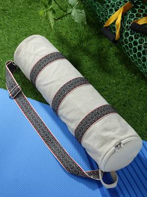 eco - friendly beige & black cotton canvas striped yoga bag 2