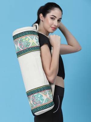 eco - friendly beige & multi cotton canvas ethnic motifs jacquard yoga bag 1