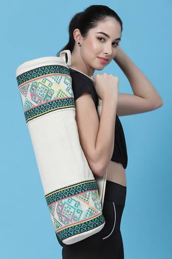 eco - friendly beige & multi cotton canvas ethnic motifs jacquard yoga bag