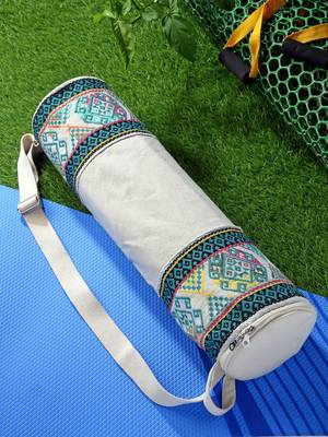eco - friendly beige & multi cotton canvas ethnic motifs jacquard yoga bag 2