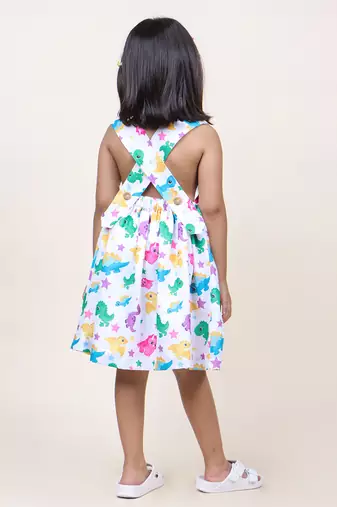 girl's white animal printed cotton dress
