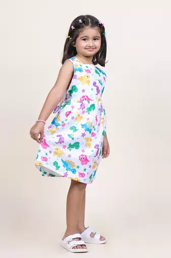 girl's white animal printed cotton dress