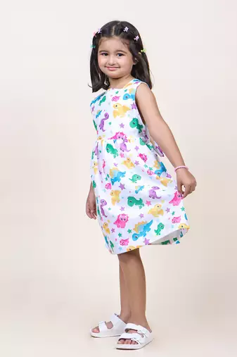 girl's white animal printed cotton dress