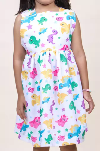 girl's white animal printed cotton dress