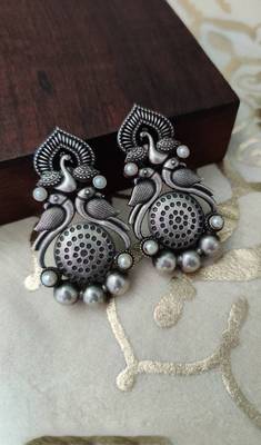Antique silver Peacock Long Studs 2