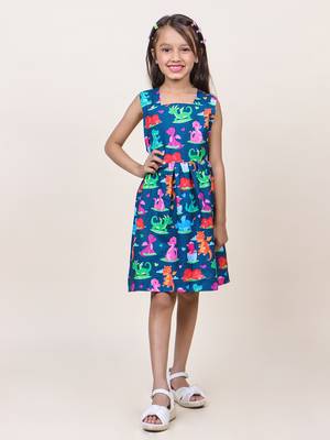 girl's navy blue animal printed cotton dress 1