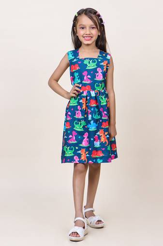 Jilmil girl's navy blue animal printed cotton dress
