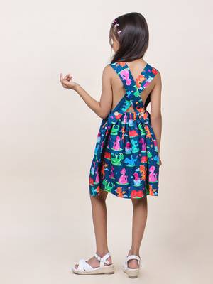 girl's navy blue animal printed cotton dress 2